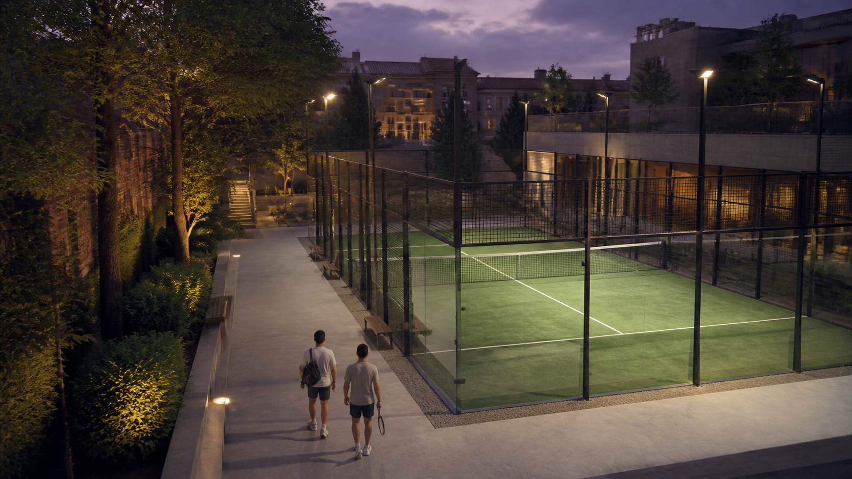 Padel court ready for a match in a leafy European setting